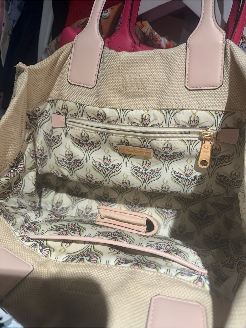 Tory Burch Beige Canvas Tote with Pink Trim and Gold Hardware